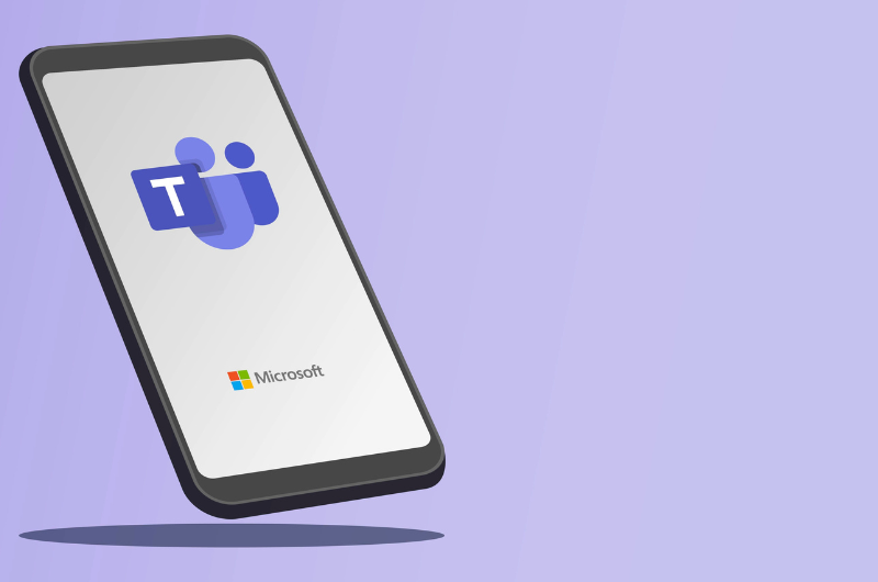 android phone on purple background with shadow and microsoft teams logo on screen